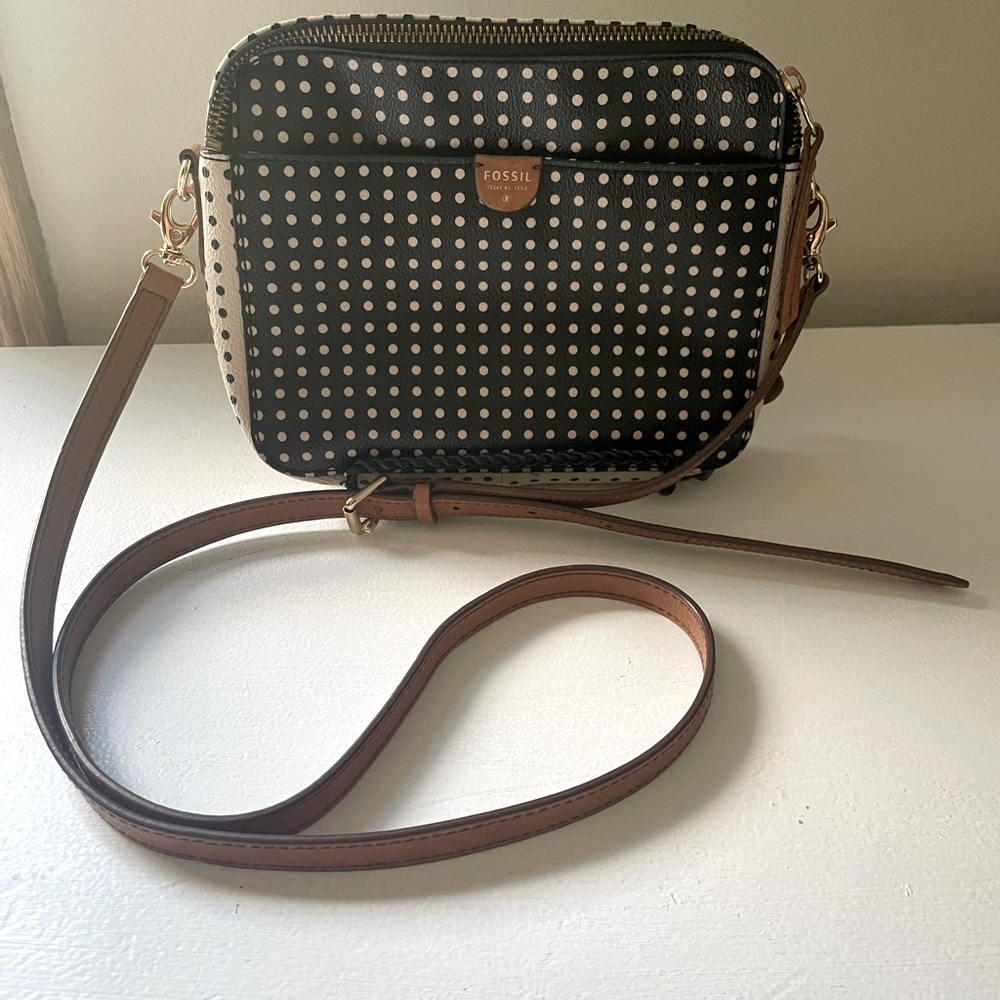 Fossil Black and Cream Polka Dot Crossbody Bag
